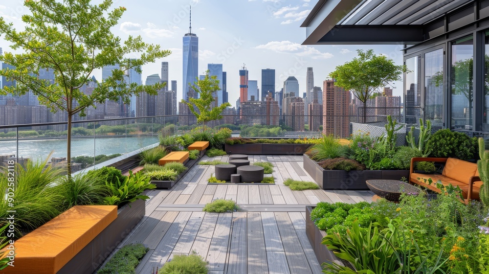 Fototapeta premium An urban rooftop garden with a view of the city skyline, featuring greenery and seating areas