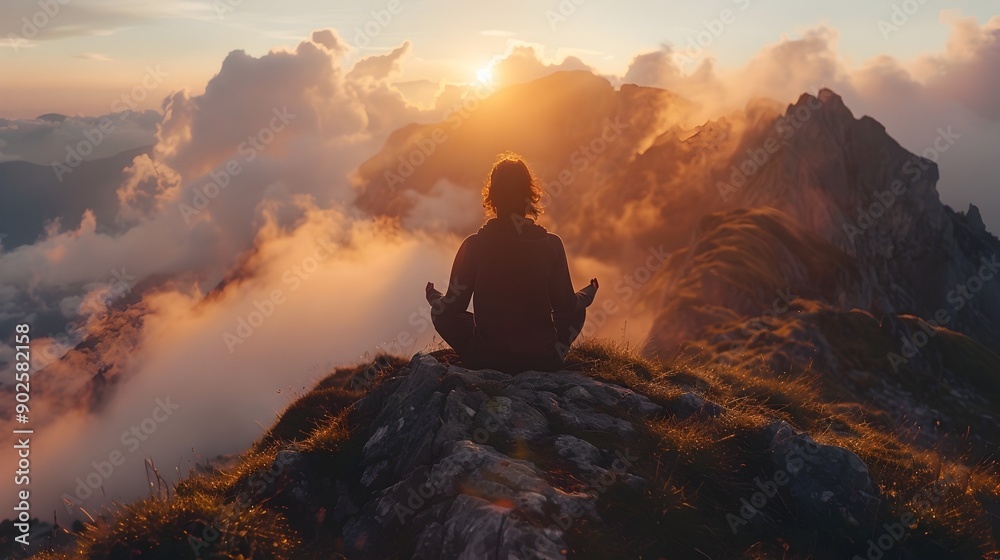 Individual Meditating on a Serene Mountain Peak at Sunset with Tranquil Nature Surroundings