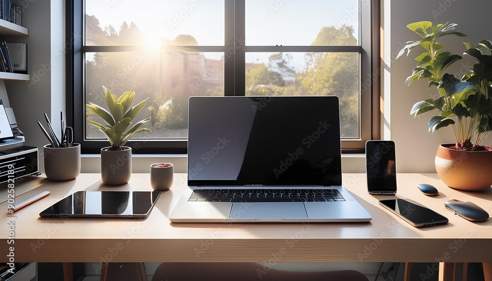 Modern Tech Workspace with Sleek Gadgets: Laptop, Smartphone, Tablet, and Wireless Accessories Modern Tech Workspace with Sleek Gadgets: Laptop, Smartphone, Tablet, and Wireless Accessories
