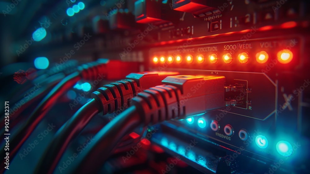 Close-up of network cables plugged into a router, with blinking lights indicating data transfer Close-up of network cables plugged into a router, with blinking lights indicating data transfer