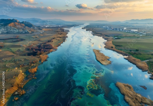 Wallpaper Mural A dramatic aerial view of a river with visible oil slicks and chemical spills, contrasting sharply with the surrounding landscape Torontodigital.ca