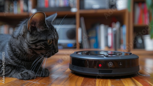 Cat on a robotic vacuum cleaner