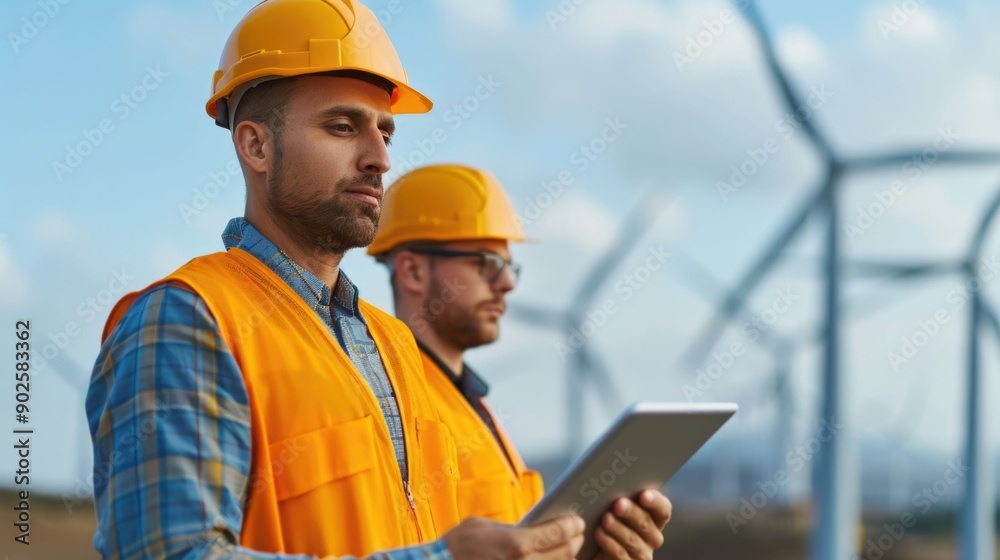 Two engineers in hard hats and safety vests are using a tablet to review wind turbine technical specifications on a construction site with wind turbines in the blurred background showcasing teamwork Two engineers in hard hats and safety vests are using a tablet to review wind turbine technical specifications on a construction site with wind turbines in the blurred background showcasing teamwork