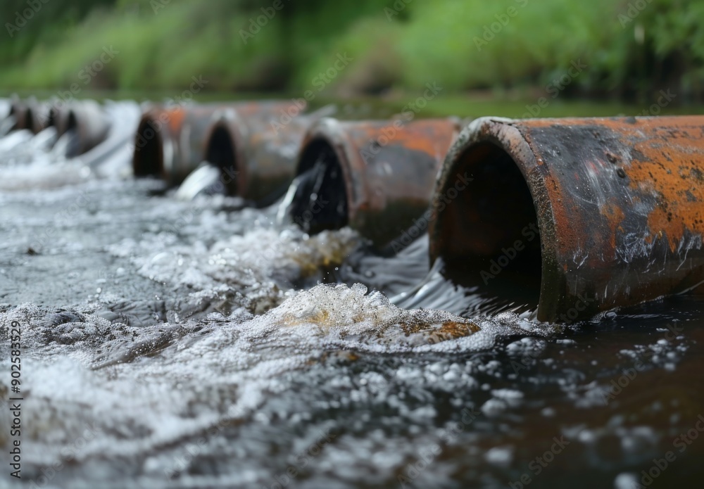 A close up of chemical pollutants entering a river from an industrial outflow pipe, contaminating the water A close up of chemical pollutants entering a river from an industrial outflow pipe, contaminating the water