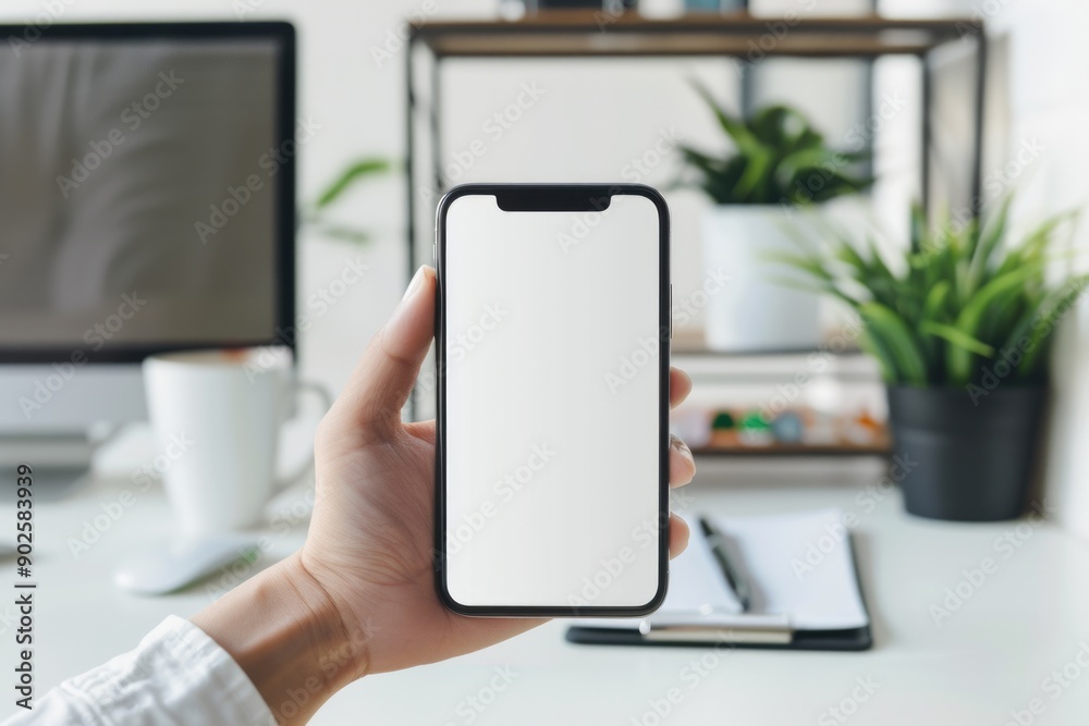 A person holding a phone in front of a computer, great for tech-related concepts and digital communication A person holding a phone in front of a computer, great for tech-related concepts and digital communication