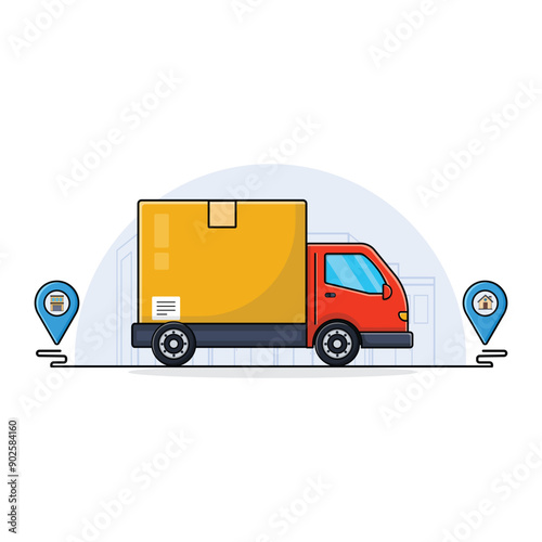 Red Delivery Truck with Big Box Vector Illustration. Online Delivery Service Concept Design