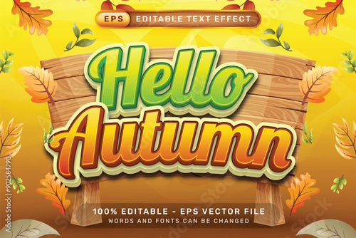 hello autumn 3d text effect and editable text effect with autumn leaves illustration	