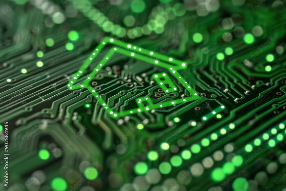 Obraz premium Digital Circuit Board with Green Neon Lights Concept of Advanced Technology Connectivity and Innovation in Modern Living