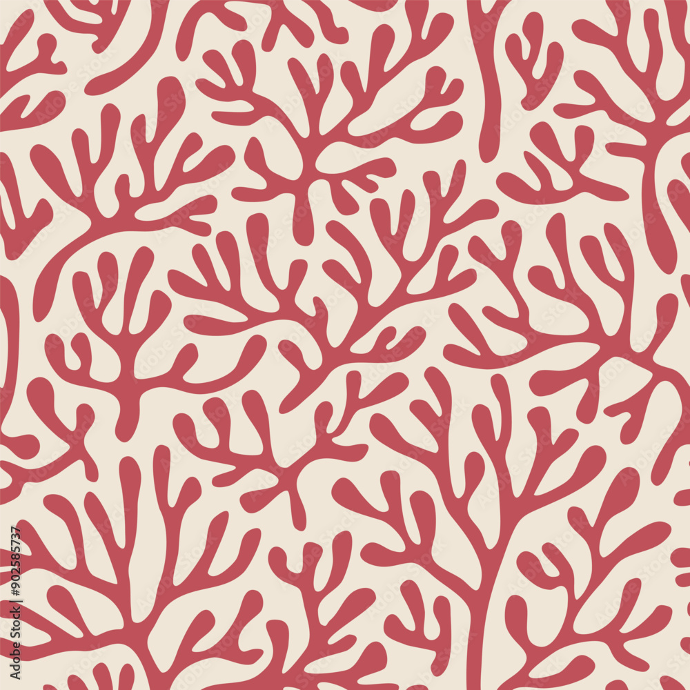 Red coral seamless pattern on beige background in vintage style. Fauvist-inspired modern abstract organic algae background. Vector design for textile, wrapping paper, greeting cards.