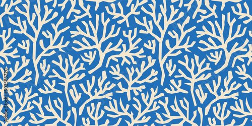 Coral seamless pattern on blue background in vintage style. Fauvist-inspired modern abstract organic algae background. Vector design for textile, wrapping paper, greeting cards. photo