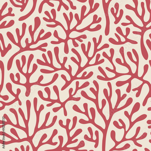 Red coral seamless pattern on beige background in vintage style. Fauvist-inspired modern abstract organic algae background. Vector design for textile, wrapping paper, greeting cards.