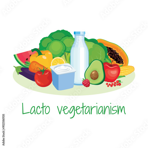 Lacto vegetarianism diet food icon set vector. Fruits, vegetables, milk and yogurt vector illustration. Pile of healthy fresh food drawing. Lacto-vegetarian food icon set on a white background