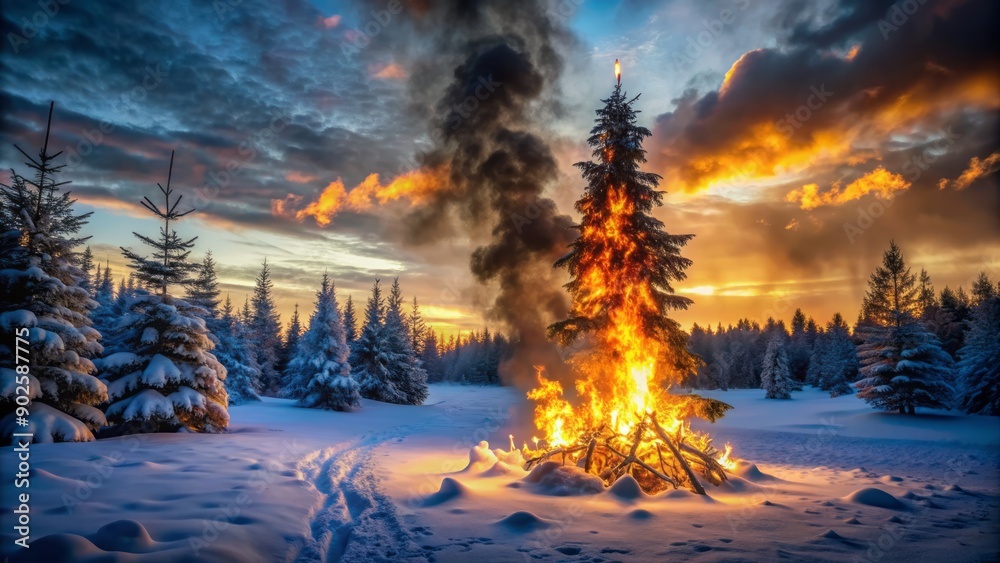 Naklejka premium Dramatic winter landscape featuring a ravaging christmas tree on fire amidst snowy forest surroundings at dusk with fiery flames illuminating the darkness.