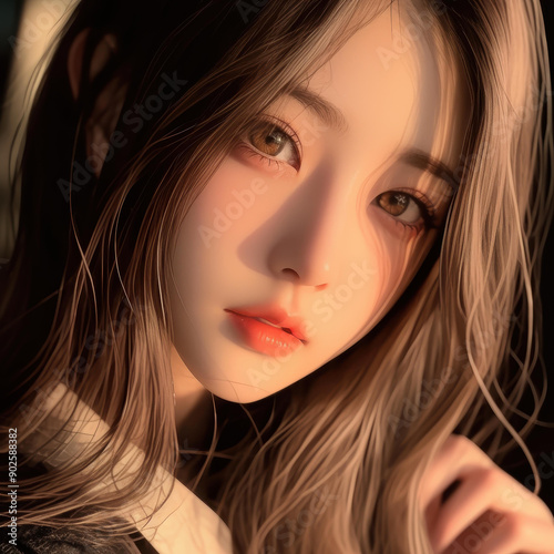 A closeup captures the beauty of a yearold Thai woman, highlighting her radiant features and flowing locks in vivid detail.
