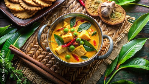 Wallpaper Mural Delicious yellow curry in a ornate metal bowl on a colorful woven mat surrounded by lush green leaves and crunchy crackers. Torontodigital.ca