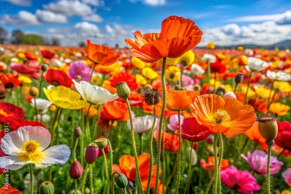 A field of bright, colorful poppies in bloom A field of bright, colorful poppies in bloom