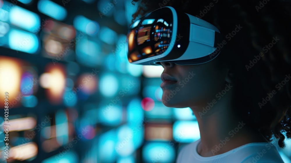 An individual wearing a virtual reality headset explores immersive digital environments, surrounded by high-tech display screens, symbolizing modern technology and innovative experiences. An individual wearing a virtual reality headset explores immersive digital environments, surrounded by high-tech display screens, symbolizing modern technology and innovative experiences.