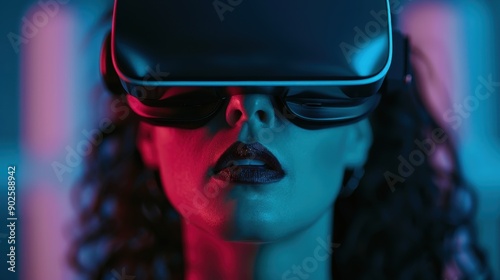 A woman with curly hair is deeply immersed in a virtual reality experience, indicated by her VR headset and the glowing, futuristic ambiance surrounding her.