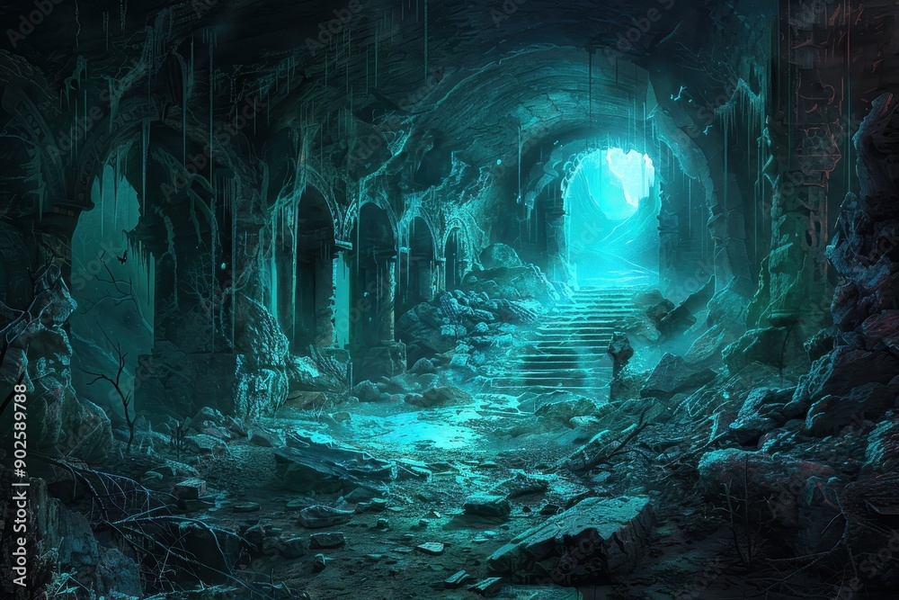 Fototapeta premium Mysterious Glowing Cavern with Staircase