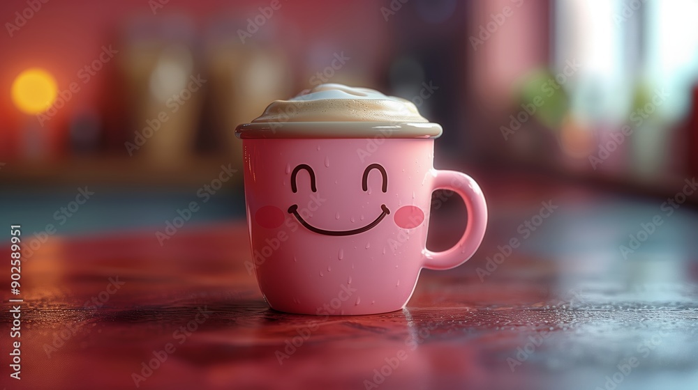 Fototapeta premium Cute Pink Mug Smiling With Creamy Topping on Wooden Table During Morning Cafe Setting