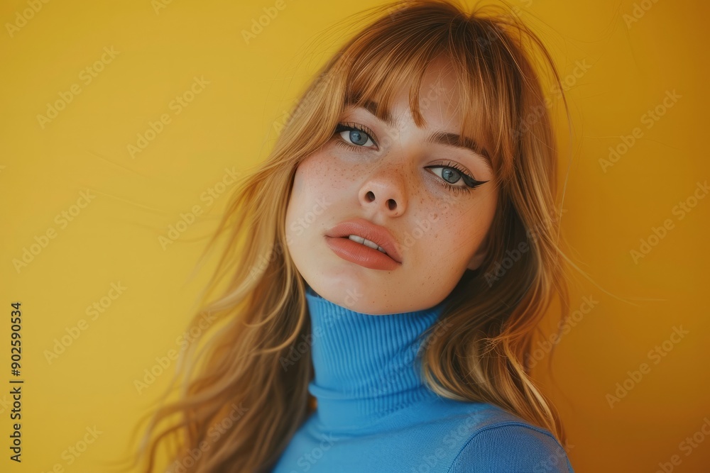 Close up of woman with long blonde hair, bold eyeliner and blue turtleneck sweater against a yellow background, 1960s editorial Close up of woman with long blonde hair, bold eyeliner and blue turtleneck sweater against a yellow background, 1960s editorial