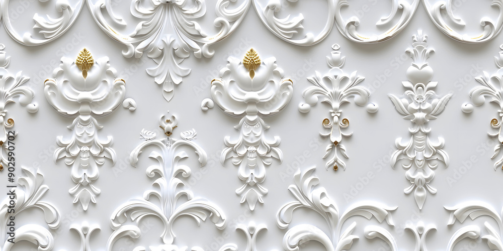 Seamless 3D elements of White and Golden luxury design Baroque Classical Relief Panel on Wall. Refined Gothic-inspired Stucco Molding With Floral Motifs. A Marble Carving in Late Ottoman Style.