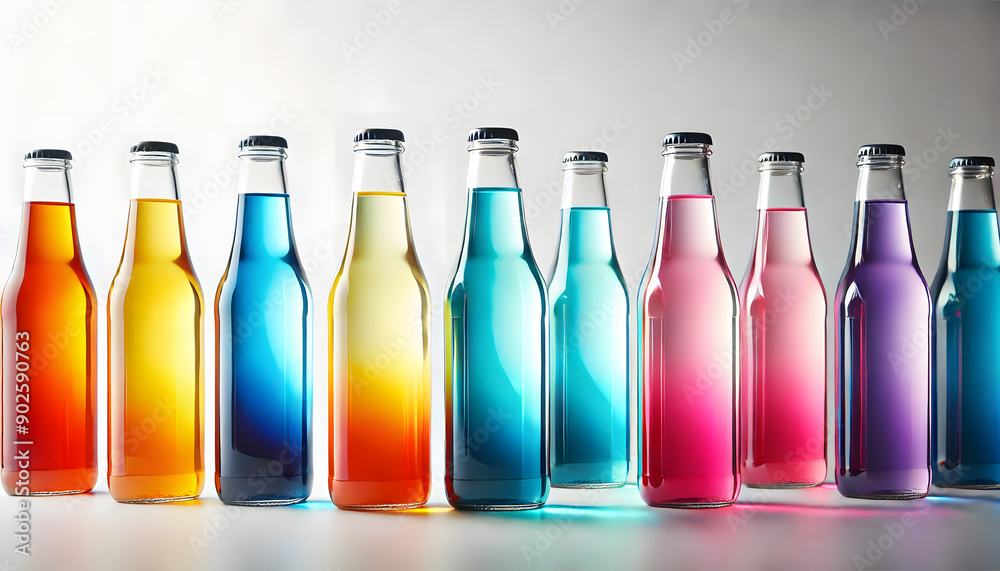 Colorful Bottles of Beverages in a Row: Vibrant Drink Collection Colorful Bottles of Beverages in a Row: Vibrant Drink Collection