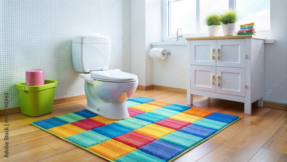 Childproofed bathroom with a secure toilet lock, non-slip mat, and a soft, colorful rug. Childproofed bathroom with a secure toilet lock, non-slip mat, and a soft, colorful rug.