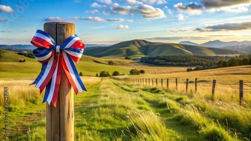 Election ribbon tied to a wooden pole standing in the middle of a vast open field with rolling hills in the background. photo