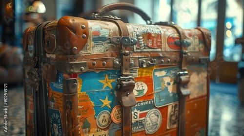 Close-Up of Vintage Suitcase with Travel Stickers, Detailed and Nostalgic, Tourism Theme photo