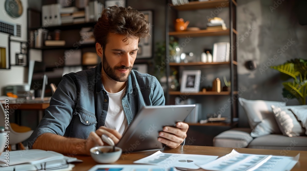 Young Professional Budgeting on Tablet in Modern Home Office Setting Young Professional Budgeting on Tablet in Modern Home Office Setting