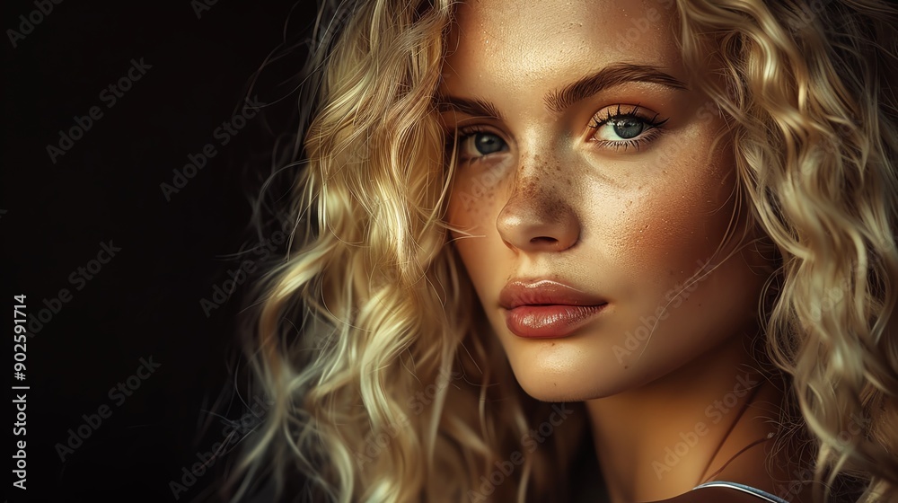 Blonde woman with curly hair, studio lighting, closeup, dark background, vibrant colors, elegant and confident, detailed textures Blonde woman with curly hair, studio lighting, closeup, dark background, vibrant colors, elegant and confident, detailed textures