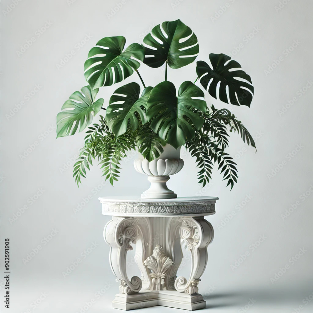 A large, ornate white planter filled with lush green monstera deliciosa leaves and delicate ferns, sitting on a carved marble side table against a clean white background.