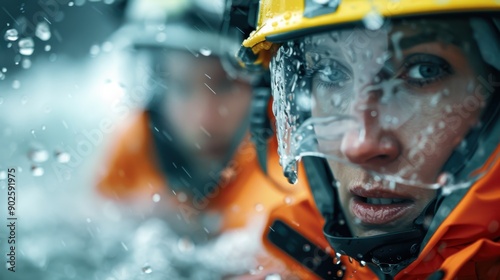 A firefighter dressed in protective gear is actively engaged in firefighting, with water droplets splashing around, showcasing the intensity and danger of the operation. photo