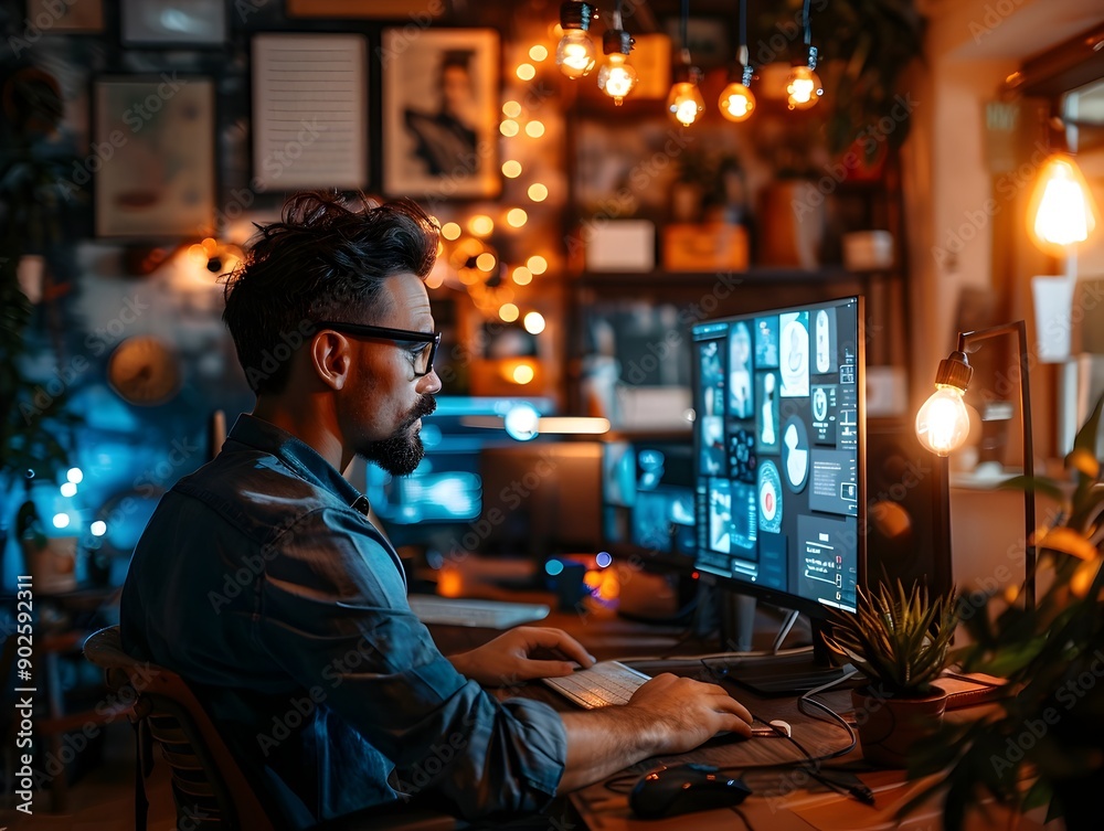 Successful Startup Founder Working Late in Trendy Office with Glowing Computer Screens Innovation and Dedication Concept Successful Startup Founder Working Late in Trendy Office with Glowing Computer Screens Innovation and Dedication Concept