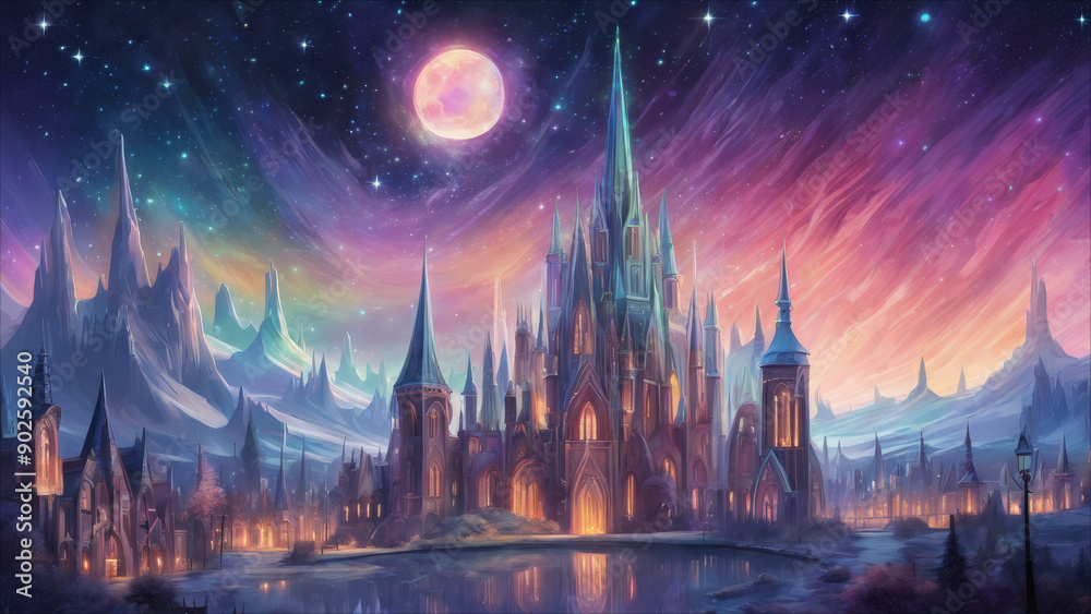 Fototapeta premium A castle architectural landscape set against a resplendent cosmic backdrop.