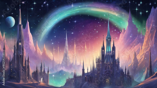 Mysterious cityscape in the resplendent cosmic space.