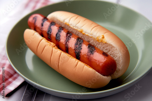 Classic delight: Shiny, charred hot dog nestled in a soft bun, ready to burst with flavor.