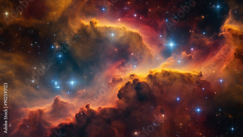 A magnificent landscape of red and orange nebulae in cosmic space.