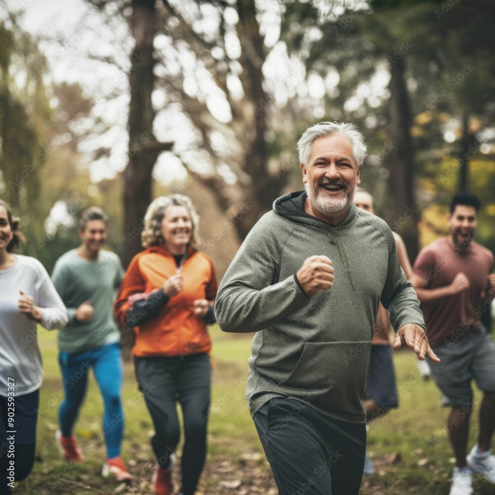 Joyful Group of Middle-Aged Friends Enjoying Sports and Nutrition in a Lively Outdoor Setting Joyful Group of Middle-Aged Friends Enjoying Sports and Nutrition in a Lively Outdoor Setting
