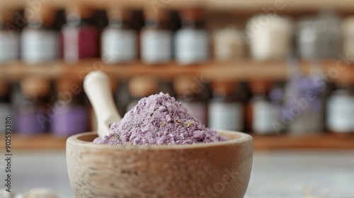 This image features a bowl filled with lavender powder set in front of essential oil bottles, representing natural beauty products and aromatherapy in a serene, spa-like setting. photo