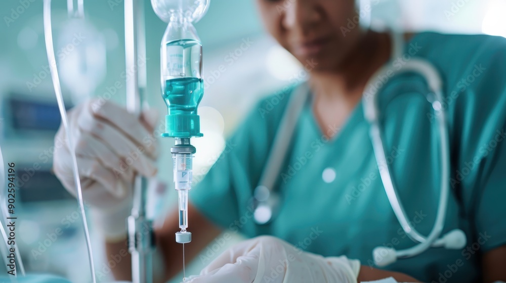 A nurse is preparing an IV drip in a clinical setting, honing the medical tools with care and precision, highlighting the professional healthcare environment and patient care protocols.
