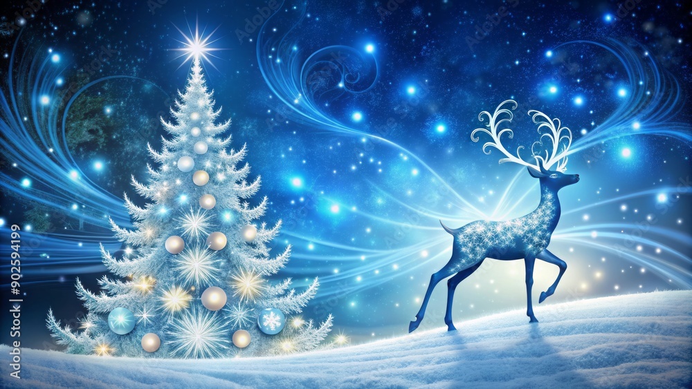 Magical reindeer and snowflakes swirl around a grand Christmas tree in a stylized winter wonderland landscape Christmas vector illustration.