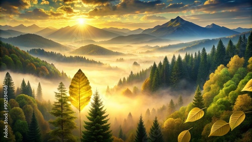 Luxurious gold leaf texture overlay on serene misty mountain landscape at sunrise with soft warm light and lush green forests. photo