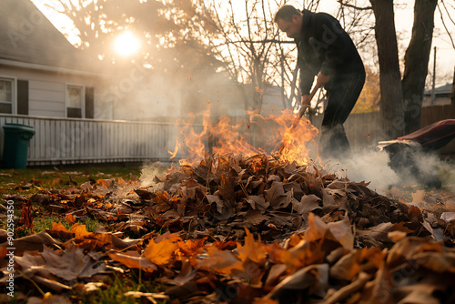 A man burns a pile of autumn leaves in backyard, the flames crackling and smoke rising against the fall backdrop photo