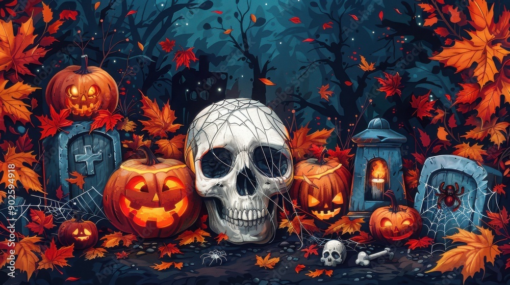 A digital illustration depicting a spooky Halloween scene with jack-o'-lanterns, skulls, gravestones, spider webs, and autumn leaves in a dark, eerie forest.
A digital illustration depicting a spooky Halloween scene with jack-o'-lanterns, skulls, gravestones, spider webs, and autumn leaves in a dark, eerie forest.