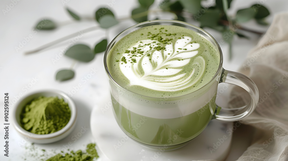 A Frothy Matcha Latte in a Glass Mug. A Frothy Matcha Latte in a Glass Mug.
