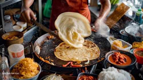 A bustling street food scene in Malaysia with a vendor skillfully flipping and stretching roti canai dough on a hot griddle, surrounded by various ingredients and condiments, with vibrant colors  photo