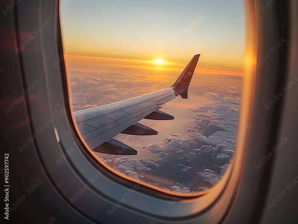 Sunset view from an airplane window, with the wing visible against the sky Sunset view from an airplane window, with the wing visible against the sky