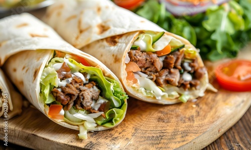 Mexican chicken and beef wrap with fresh vegetables,, Generative AI